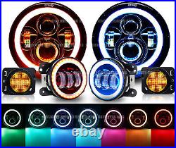 RGB 7 LED Headlight + Fog Light Fender Side Marker KIT For Jeep Wrangler 07-17